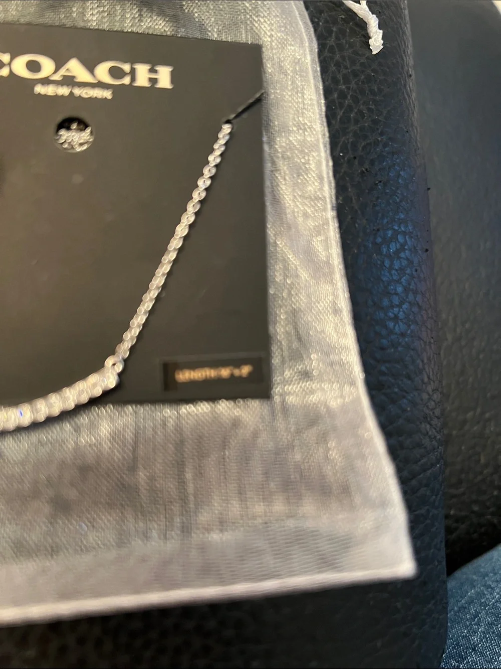COACH Silver Pave Curved Bar Necklace with Tiny C Charm